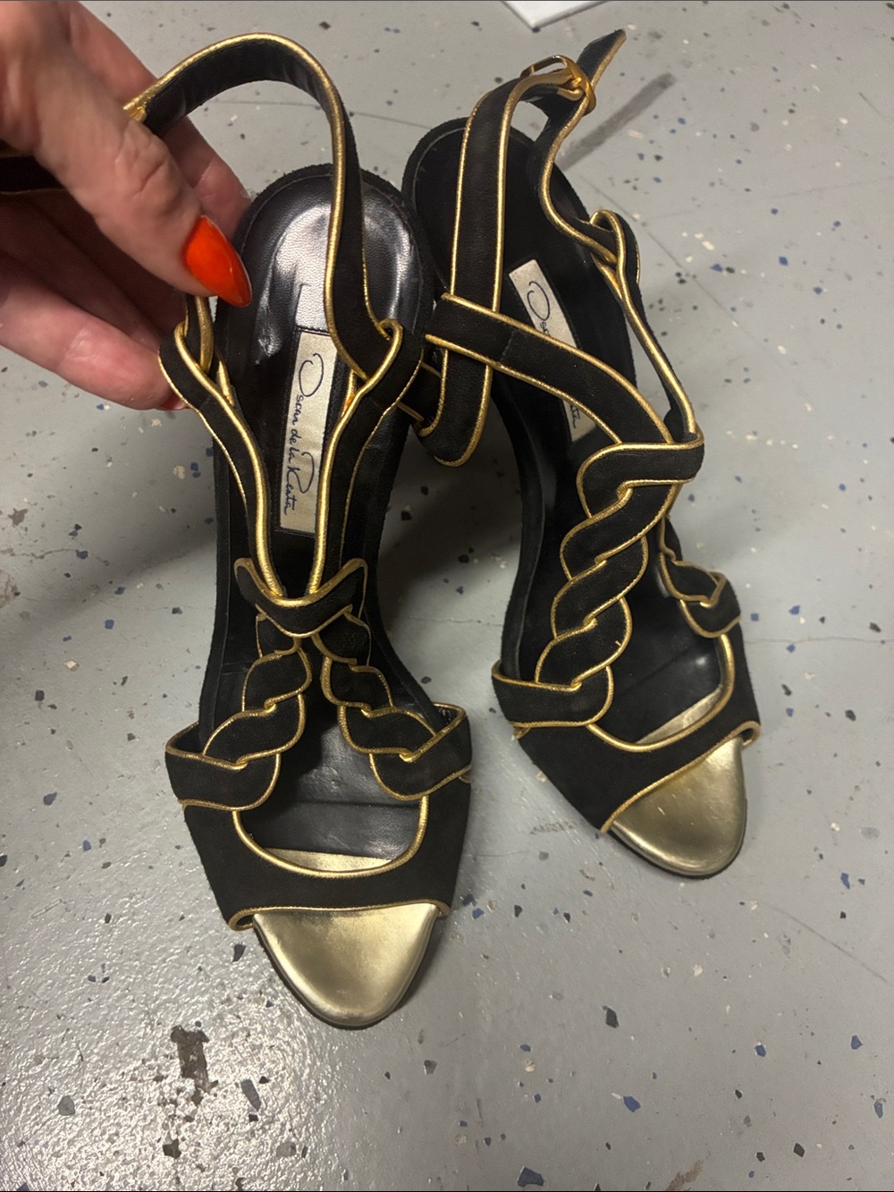 Oscar de la Renta Black and Gold Braided Slingback Heels